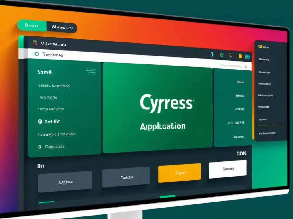 Interfaz web moderna para pruebas E2E con Cypress: elementos dinámicos, diseño elegante y colores vibrantes que exudan profesionalismo y sofisticación