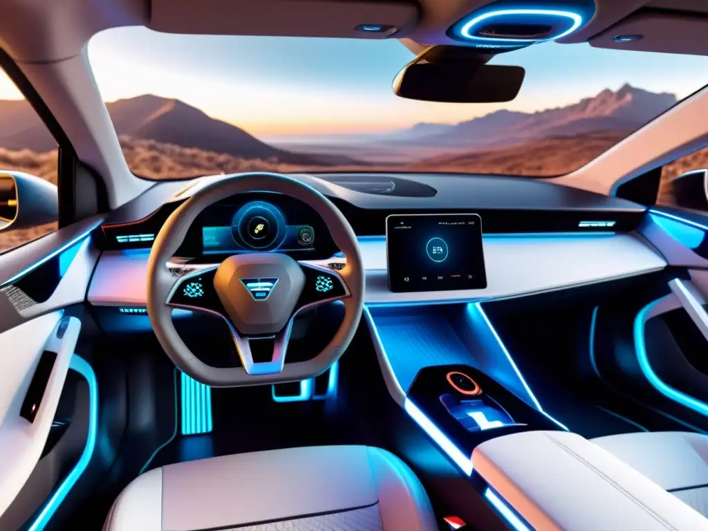 Interior de coche eléctrico futurista con pantalla táctil de software de código abierto, iluminación LED ambiental y diseño minimalista de alta tecnología, mostrando la innovación en software de código abierto automotriz