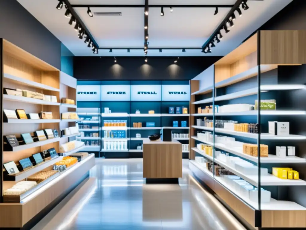 Interior de tienda moderna con implementación de recomendadores en retail, iluminada con luz natural y productos en exhibición