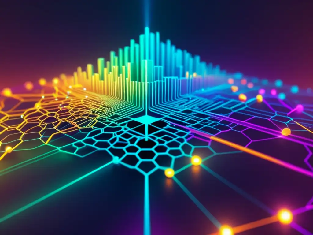 Visualización de un intrincado algoritmo de cifrado de datos con herramientas open source en una red vibrante y futurista, evocando tecnología avanzada y técnicas de cifrado de vanguardia