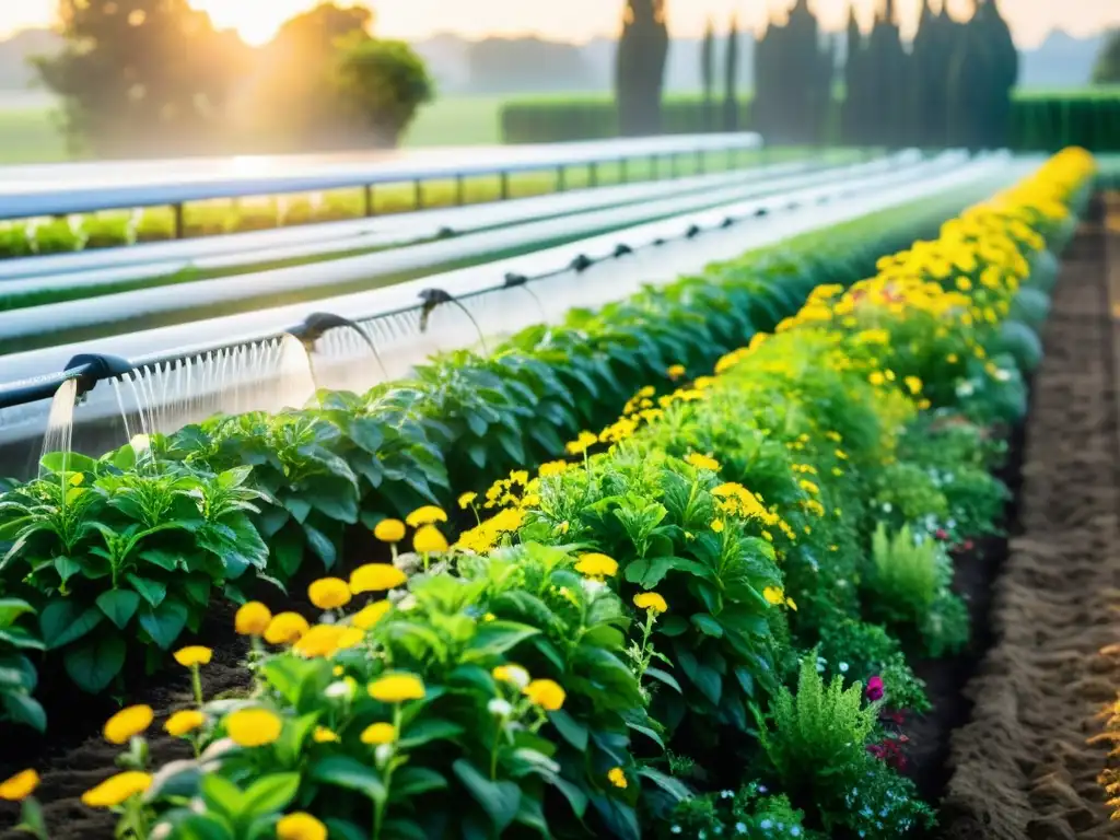 Un jardín exuberante y verde con sistemas de riego inteligente open source implementados, integrando tecnología y naturaleza en armonía