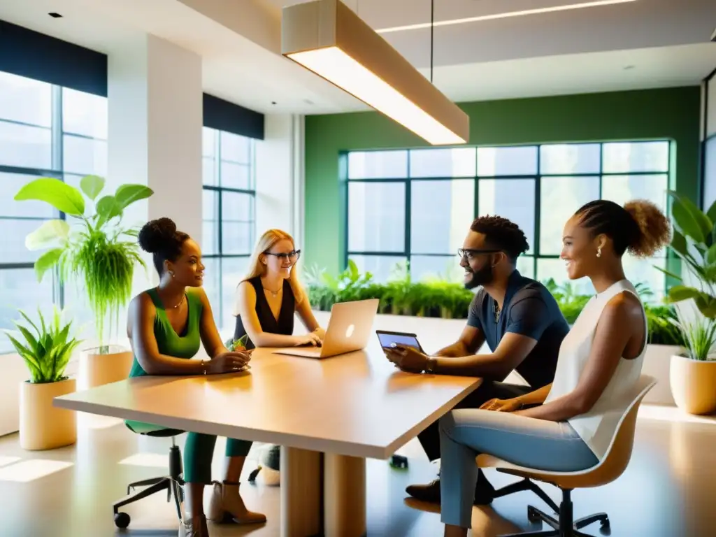 Jóvenes emprendedores en un espacio de oficina moderno, colaborando en tecnología ambiental