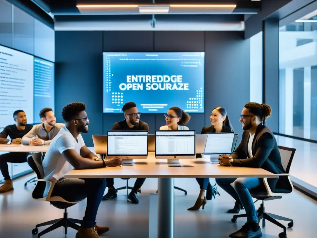 Jóvenes emprendedores colaborando en un espacio de oficina moderno, usando software de código abierto en laptops