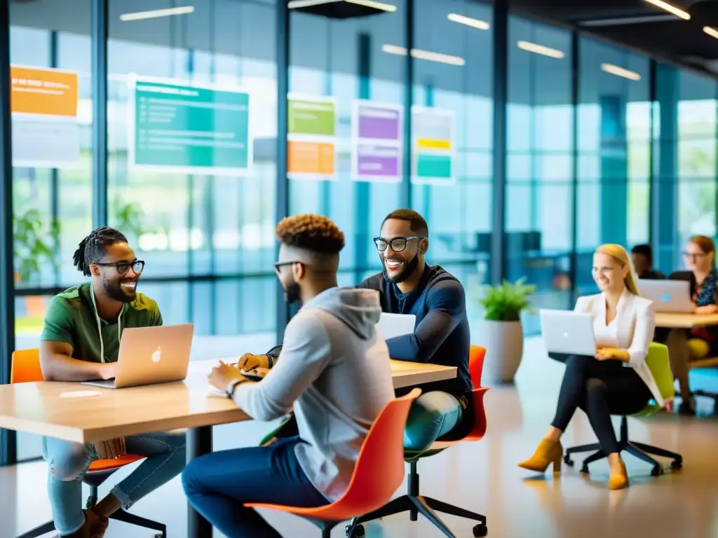 Jóvenes emprendedores colaborando en moderna oficina de código abierto, casos éxito startups, en medio de vibrante atmósfera de innovación