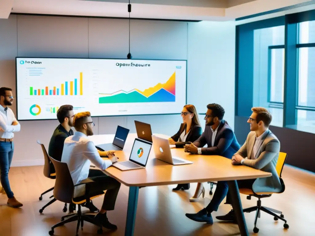 Jóvenes empresarios colaborando en desarrollo de software de código abierto en una sala moderna llena de luz natural