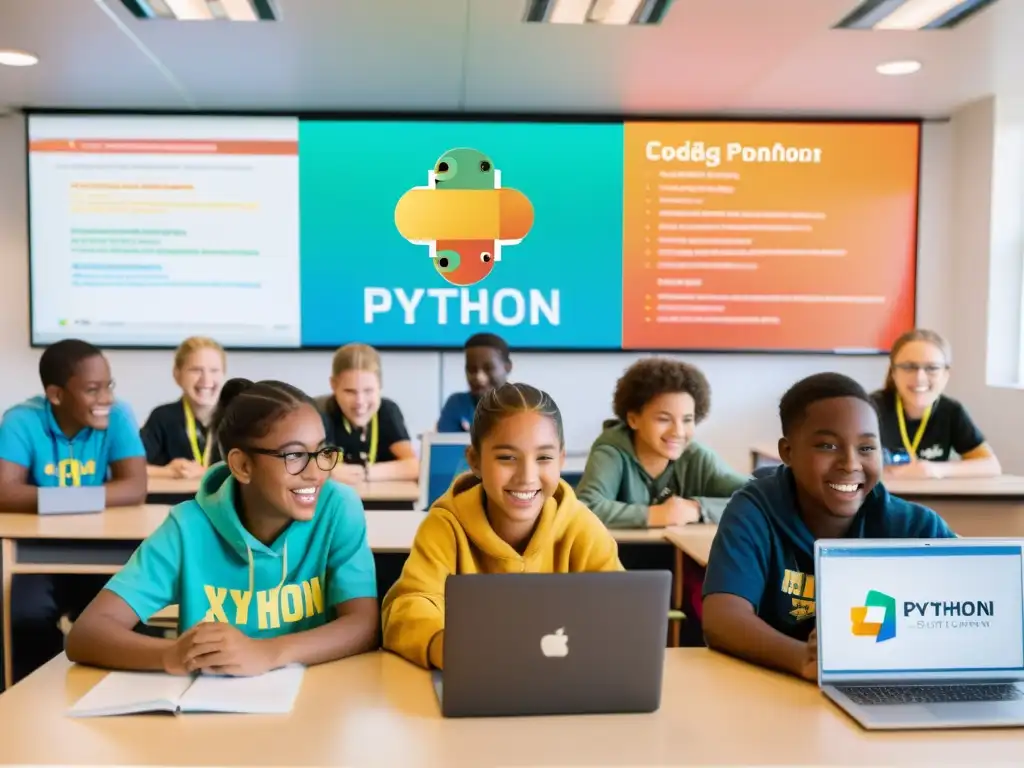 Jóvenes estudiantes codificando en un aula iluminada, rodeados de posters de Python