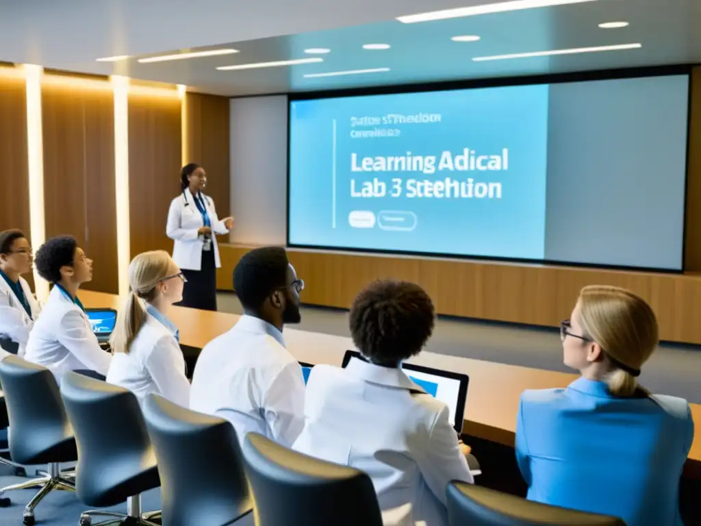 Estudiantes de medicina debaten caso clínico en aula moderna Jóvenes estudiantes de medicina en aula moderna, discutiendo un caso médico complejo en pantalla digital