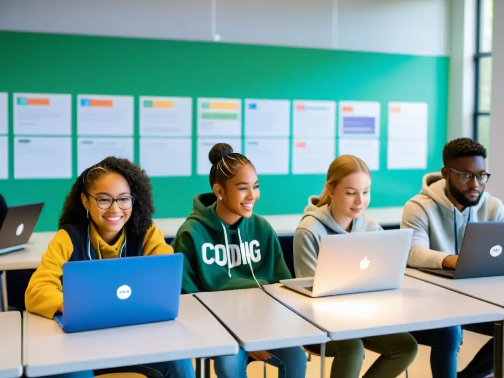 Jóvenes estudiantes colaborando en talleres de código abierto, con laptops y posters coloridos en un aula luminosa