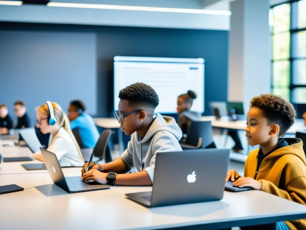 Jóvenes colaborando en un taller de código abierto, rodeados de tecnología moderna y materiales educativos