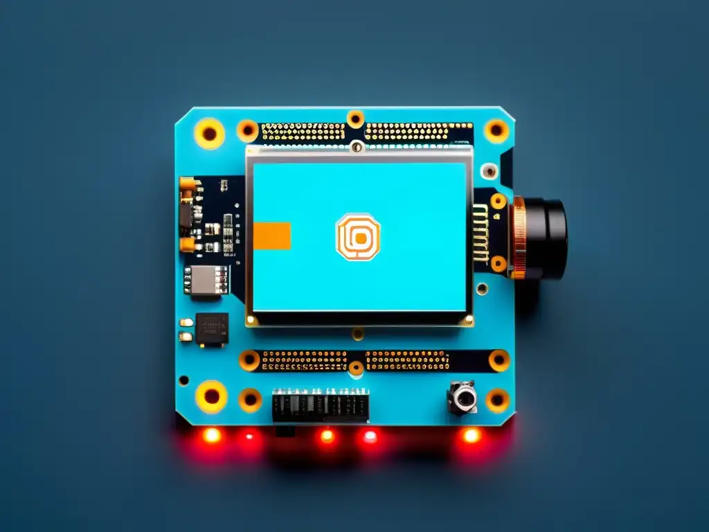 Un kit de robot Arduino moderno y educativo con luces LED vibrantes, múltiples sensores y circuitos intrincados, en un entorno profesional y futurista