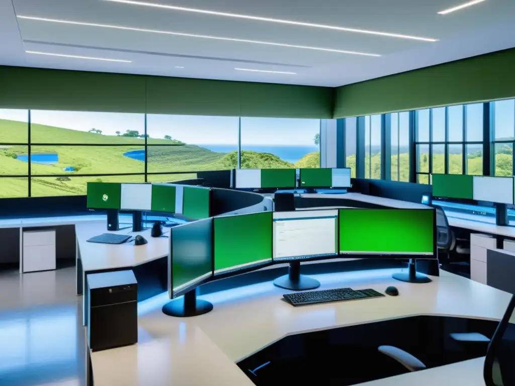 Un laboratorio de computación moderno con estaciones de trabajo de alta tecnología, bañado en luz natural, con vista a un campus verde