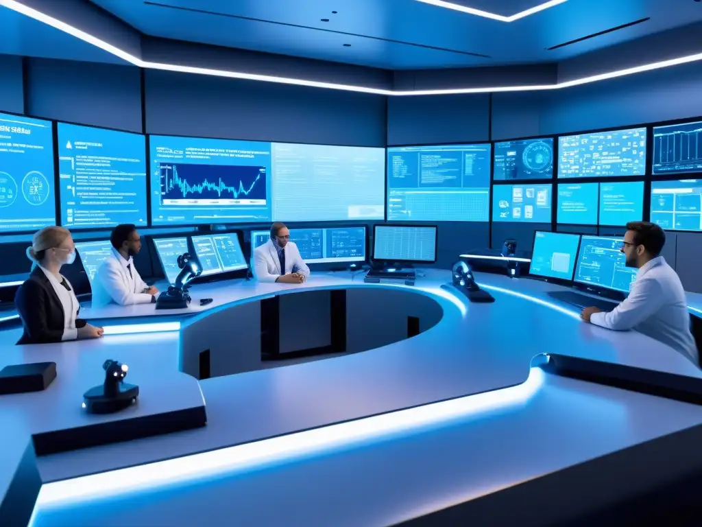 Lab de Vacunas Futurista: Científicos y AI en Acción Un laboratorio futurista de alta tecnología con científicos colaborando con IA en el desarrollo de vacunas