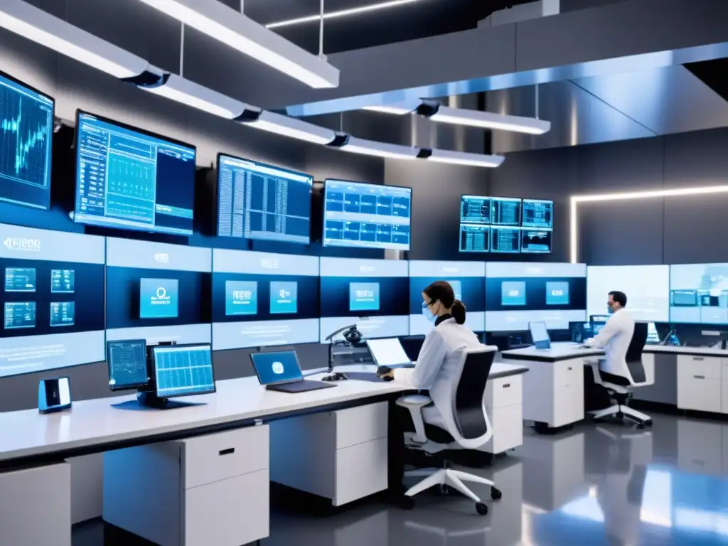 Laboratorio futurista con robots AI y científicos desarrollando vacunas Un laboratorio futurista con brazos robóticos de IA colaborando con científicos en el desarrollo de vacunas