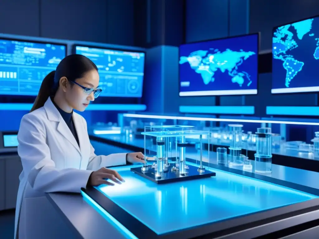 Avanzado laboratorio futurista: AI y científicos desarrollando vacunas Un laboratorio futurista con brazos robóticos y científicos colaborando en el desarrollo de vacunas con IA, iluminado en azul suave
