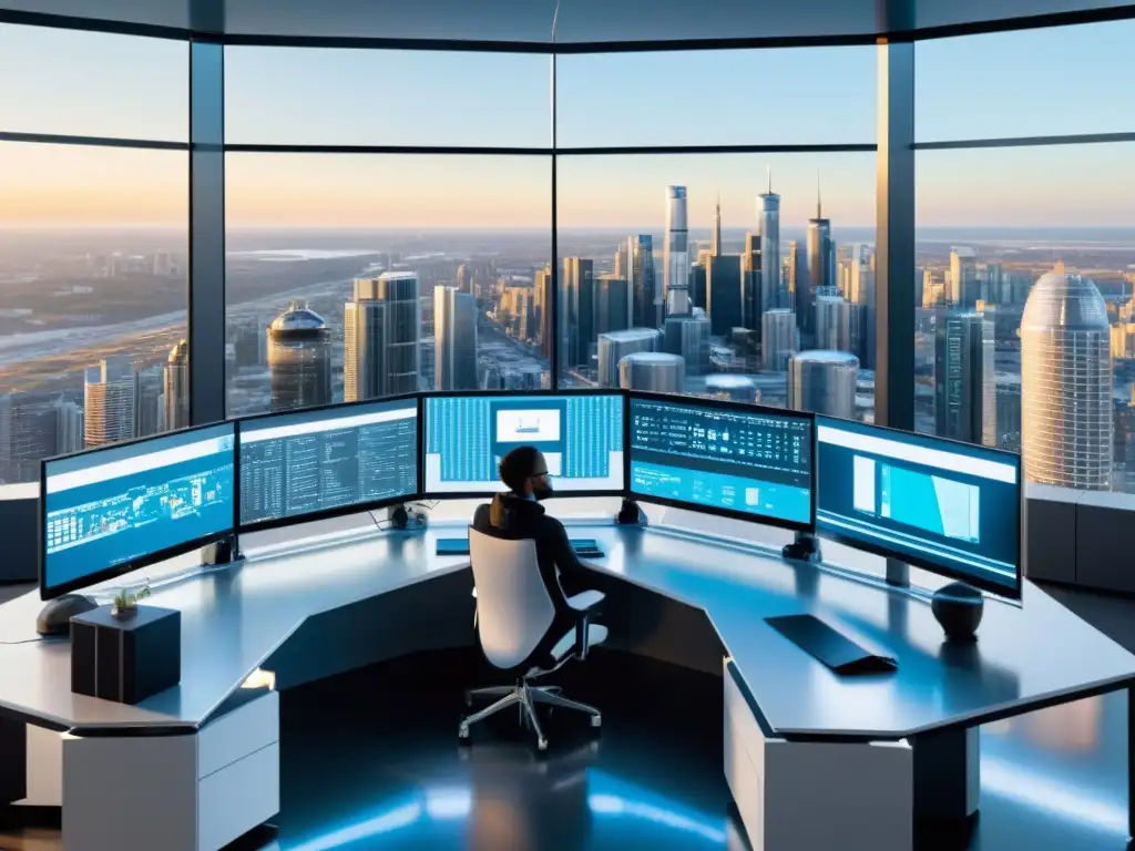 En el laboratorio futurista de inteligencia artificial, un equipo diverso colabora en proyectos vanguardistas, con ventanas que muestran la ciudad