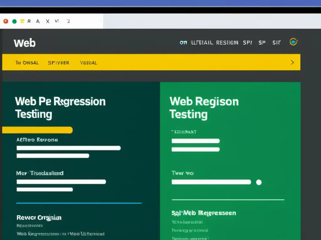 Comparación lado a lado de una página web antes y después de pruebas de regresión visual en aplicaciones web, resaltando diferencias con colores vibrantes