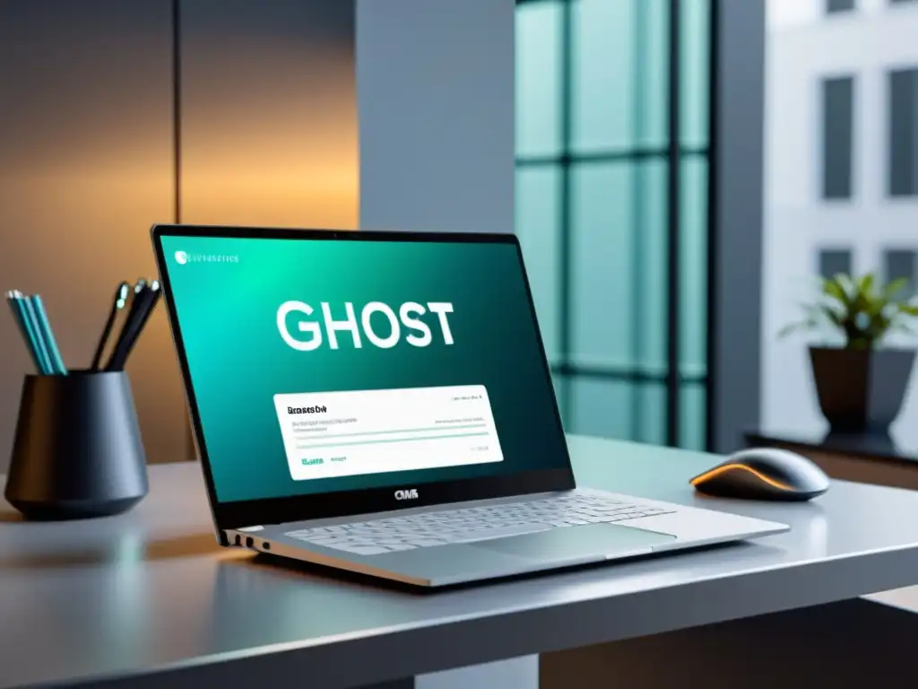 Un laptop futurista muestra el dashboard de Ghost CMS en un espacio minimalista