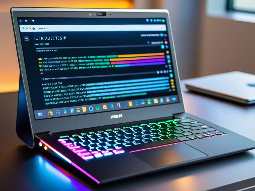 Una laptop futurista con código colorido en pantalla, rodeada de herramientas de testing