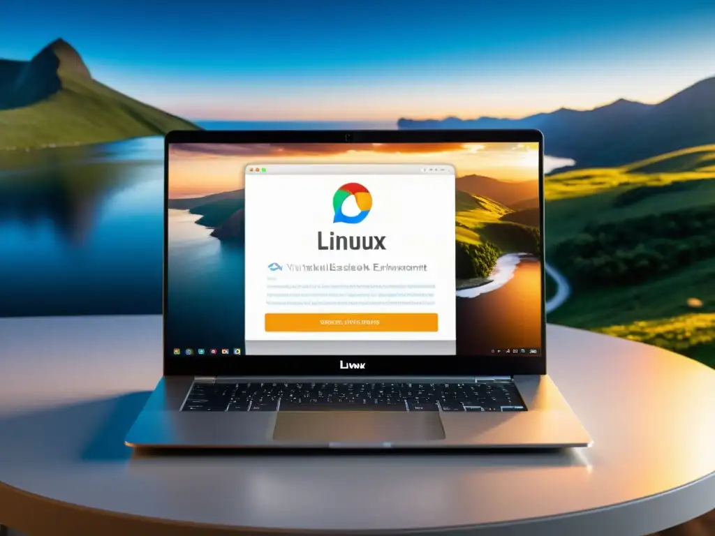 Una laptop moderna muestra un entorno virtual de Linux en VirtualBox