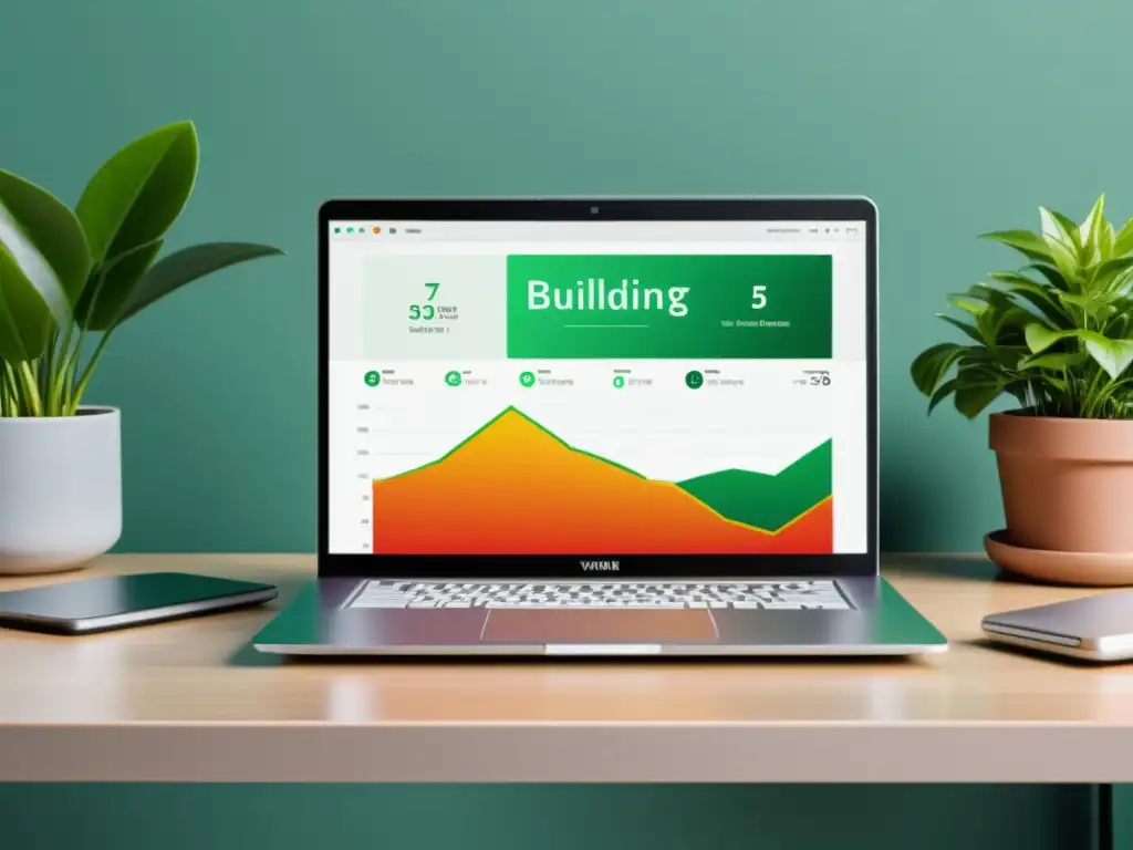 Una laptop moderna en un escritorio minimalista, rodeada de plantas verdes, muestra un software de estrategias de link building