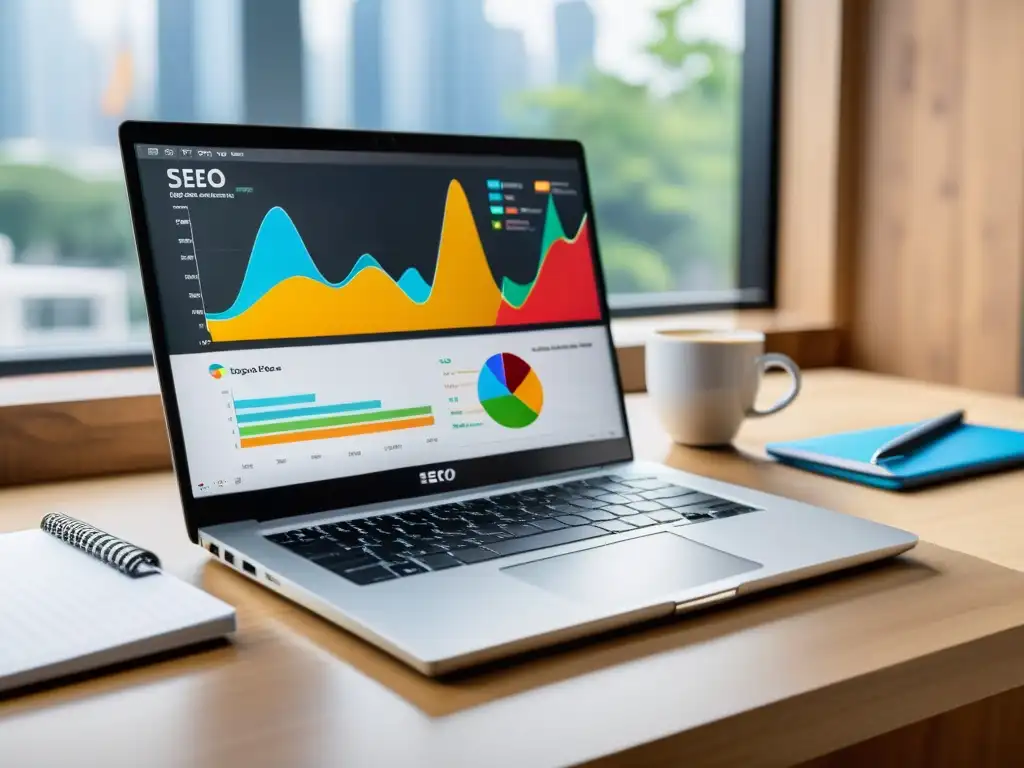 Una laptop moderna muestra herramientas y software SEO con gráficos coloridos, en un ambiente profesional y productivo