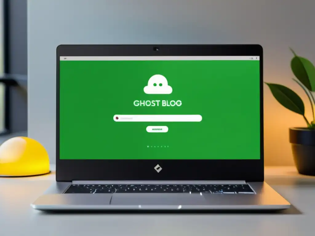 Una laptop moderna con el panel personalizado de Ghost blog, mostrando prácticas de seguridad y un espacio de trabajo profesional y acogedor