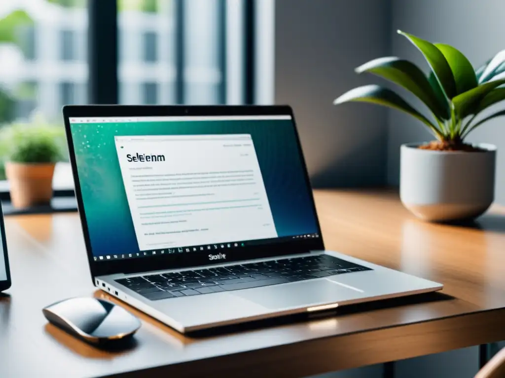 Una laptop moderna ejecutando un script de Selenium en un entorno profesional y acogedor