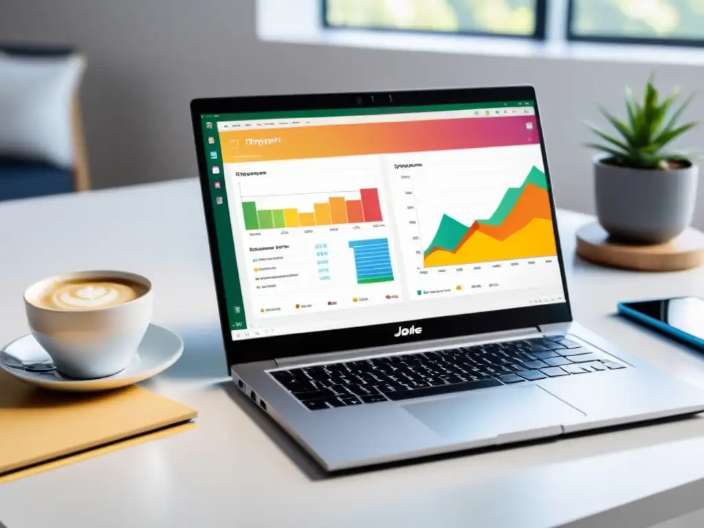 Un laptop moderno muestra la interfaz de ProjectLibre en una atmósfera cálida y profesional