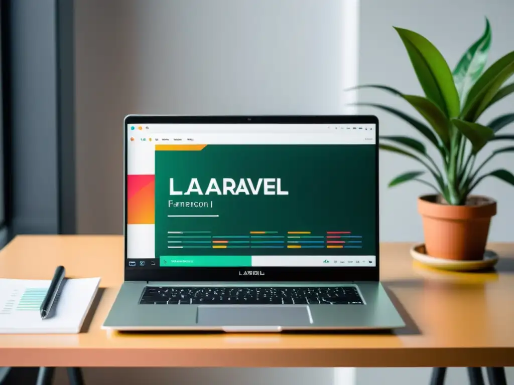 Un laptop moderno muestra la página de inicio del framework Laravel, en un entorno profesional con café y planta
