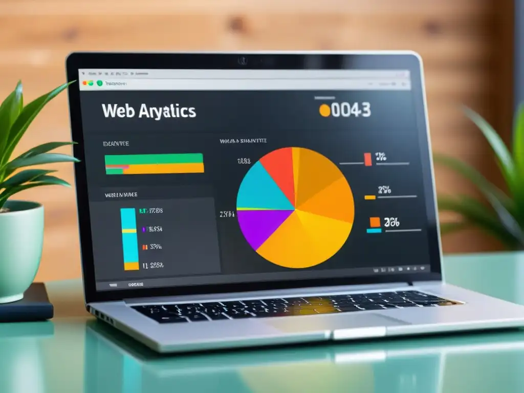 Un laptop moderno muestra un panel de control de análisis web de software libre, con gráficos coloridos