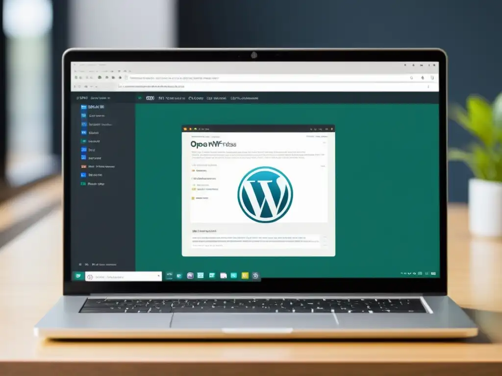 Un laptop moderno con un sitio web de WordPress abierto, mostrando el sistema de control de versiones Git en acción