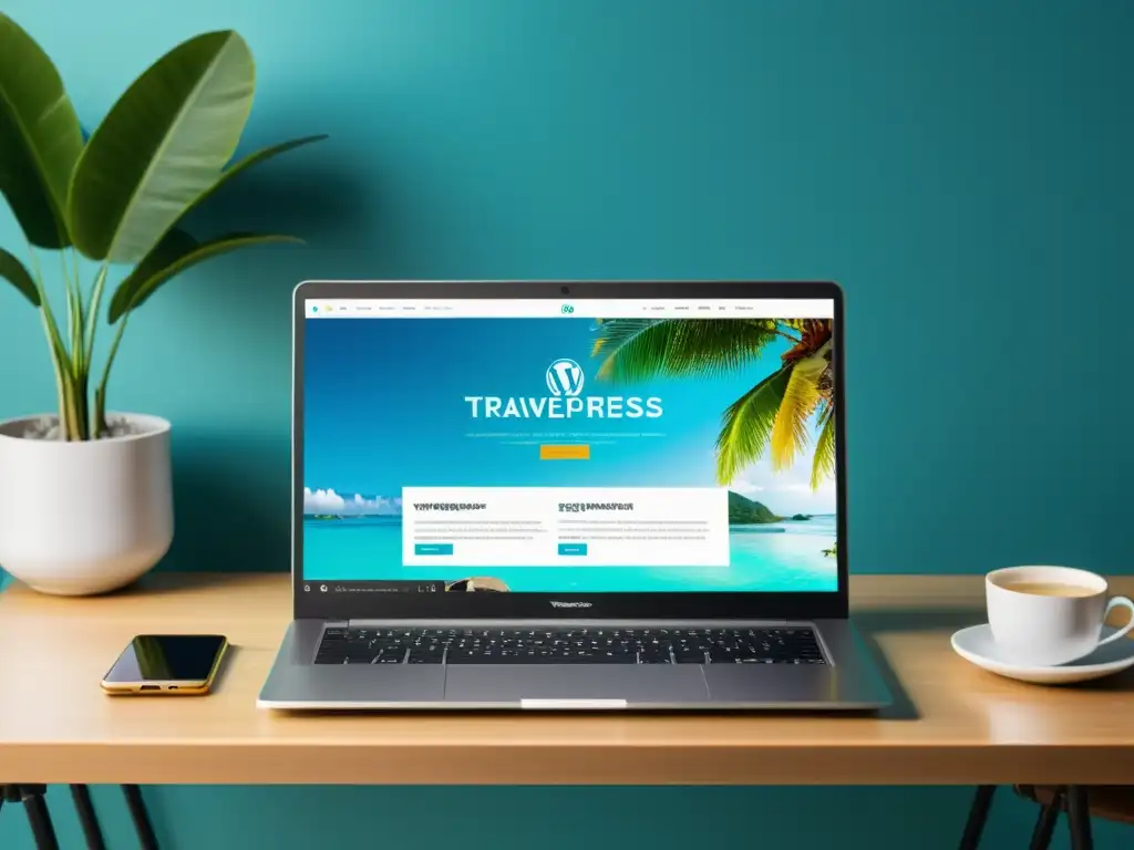 Una laptop muestra un tema WordPress único con diseño de viajes