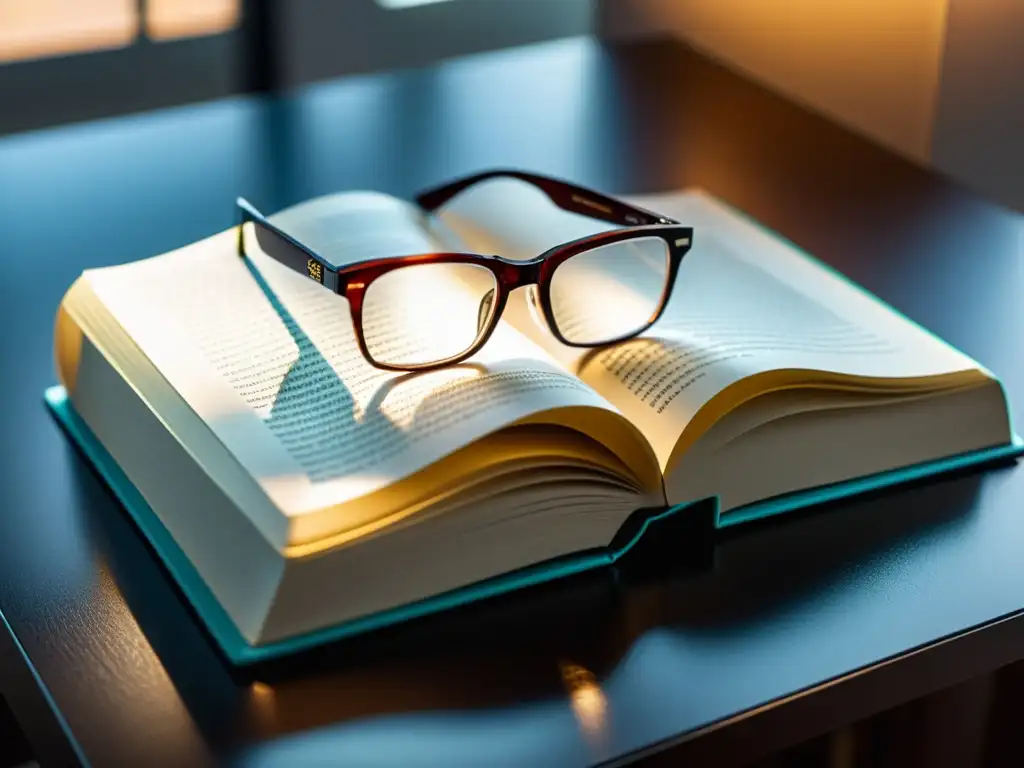 Un libro abierto con elegantes patrones en la cubierta, sobre un escritorio moderno bañado por luz natural