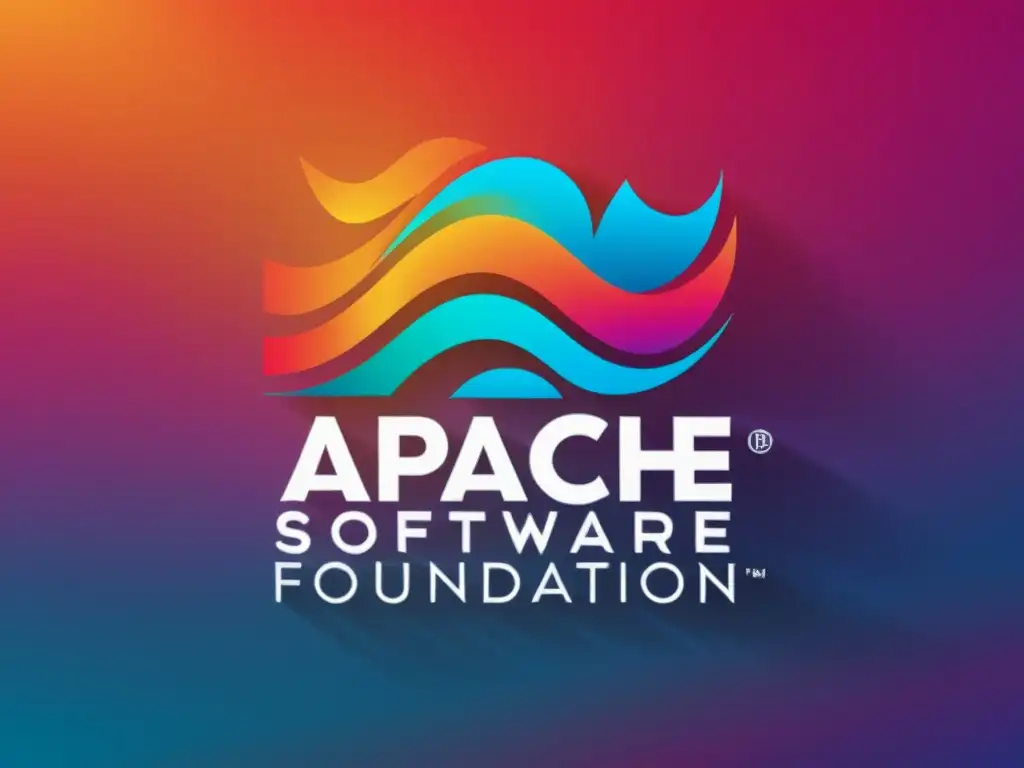 El logo de la Fundación Apache en primer plano, con detalles intrincados y líneas nítidas, sobre un fondo moderno y colorido