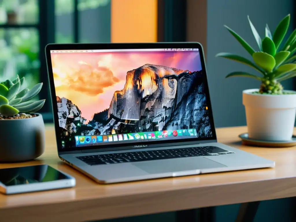 Un MacBook Pro moderno y elegante con el editor de texto TextMate MacOS abierto en una mesa minimalista con suculentas