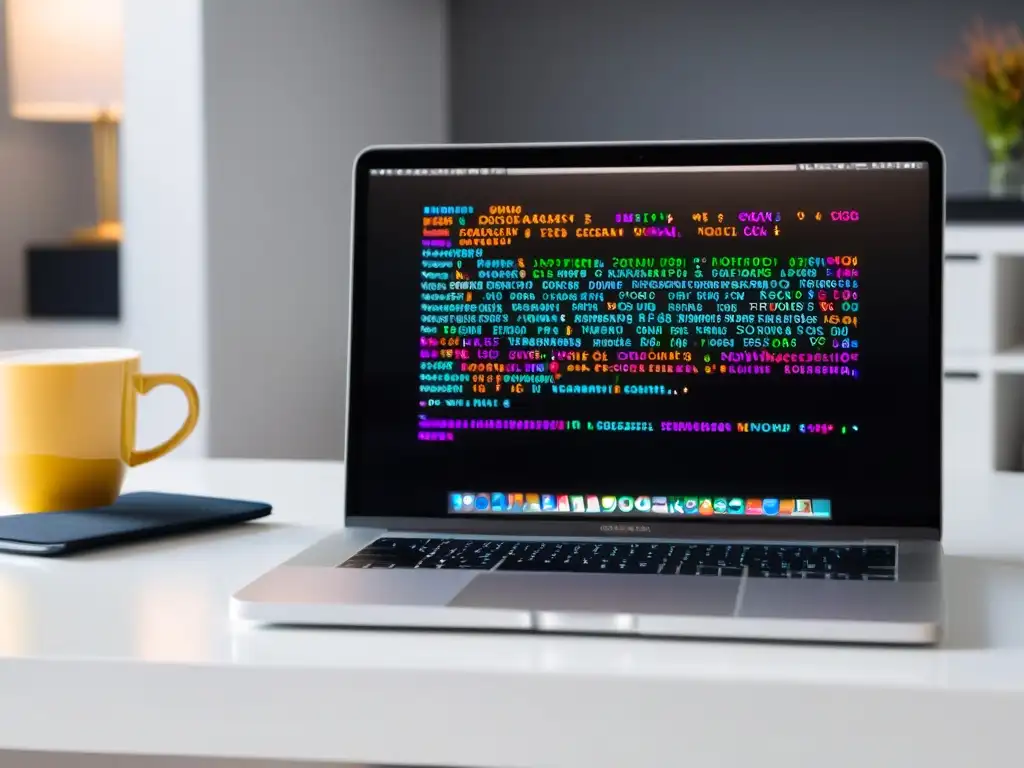 MacBook Pro con TextMate mostrando código organizado, teclado retroiluminado y una taza de café, creando una atmósfera acogedora