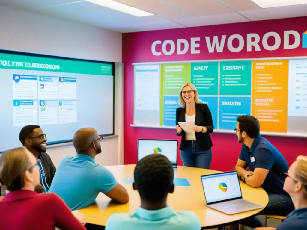 Maestros colaborando en aula moderna, con laptops y pizarrón interactivo