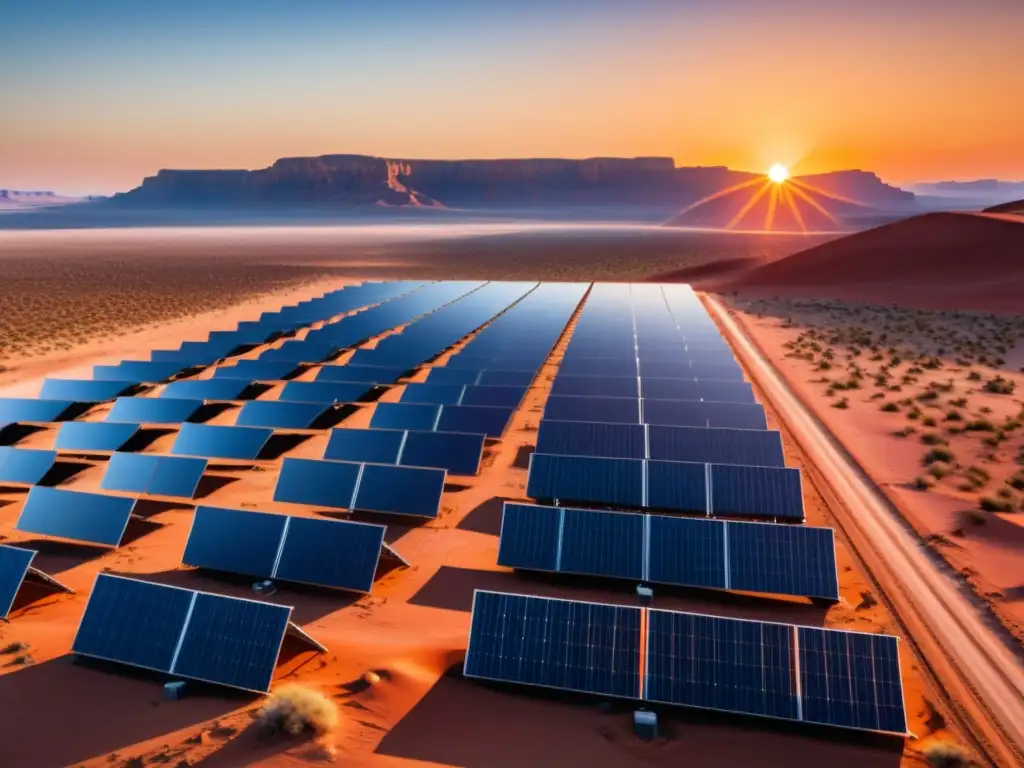 Un majestuoso paisaje desértico bañado por el cálido resplandor del sol poniente, resalta una extensa matriz de paneles solares de alta tecnología