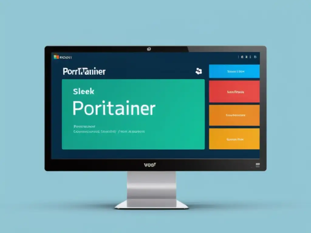 Manejo de contenedores Docker con Portainer: Imagen nítida de un monitor moderno mostrando la interfaz Portainer con colores vibrantes y detalles nítidos, transmitiendo profesionalismo, eficiencia y facilidad en la gestión de contenedores Docker