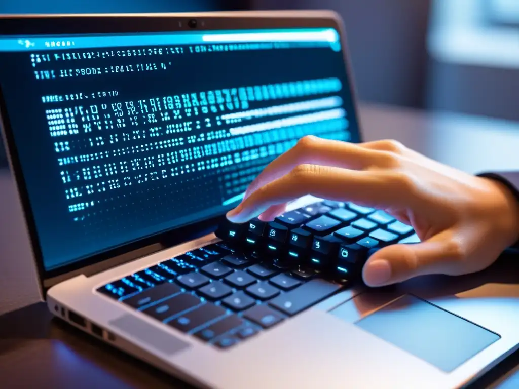 Mano escribiendo código en laptop moderna, destacando la seguridad y mantenimiento del blog Ghost con las mejores prácticas