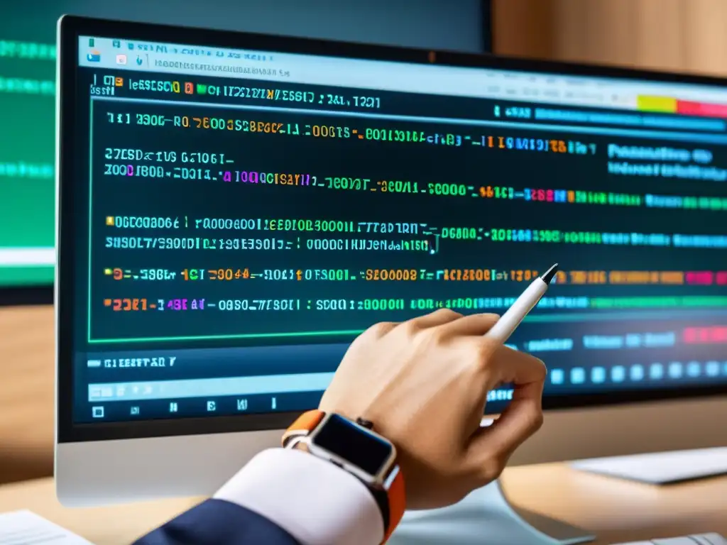 Mano señalando código de programación en pantalla con ambiente profesional