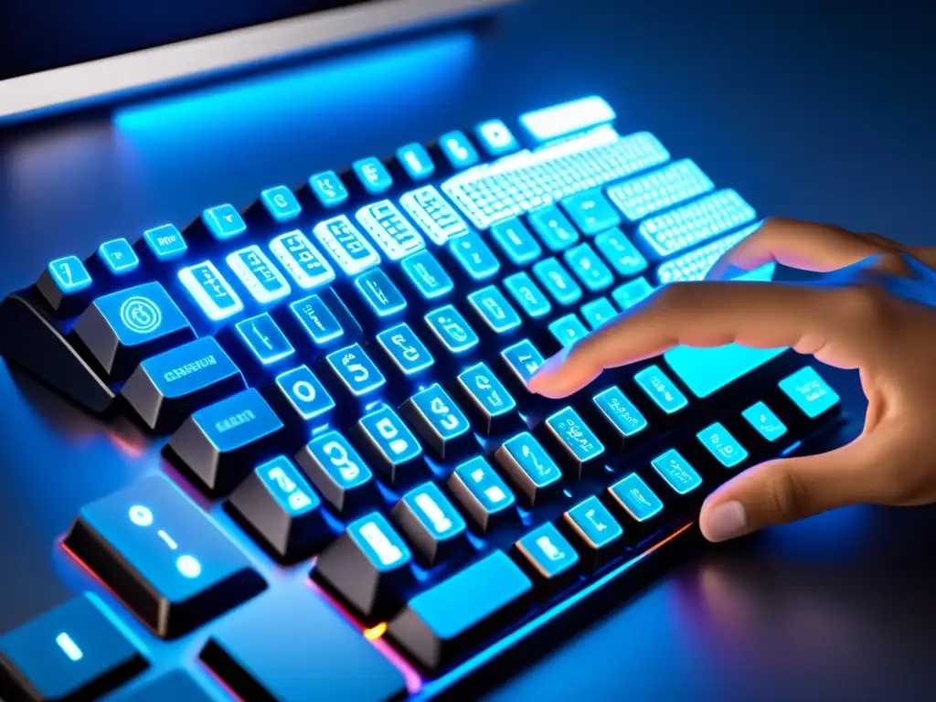 Mano tecleando contraseña en teclado futurista con códigos holográficos y escáner biométrico