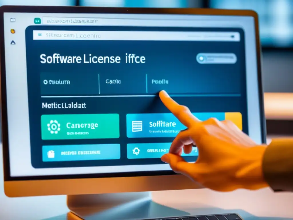 Mano seleccionando con cuidado una licencia de software en una interfaz moderna y elegante en pantalla de alta resolución