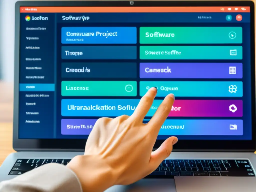 Mano seleccionando con cuidado la mejor licencia para proyecto open source en moderna interfaz de software en alta resolución