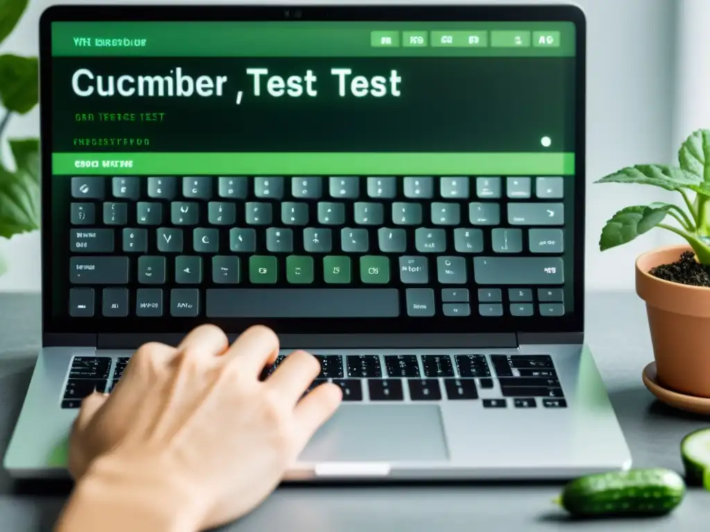 Mano de desarrollador escribiendo código en laptop, pantalla muestra escenario de prueba Cucumber