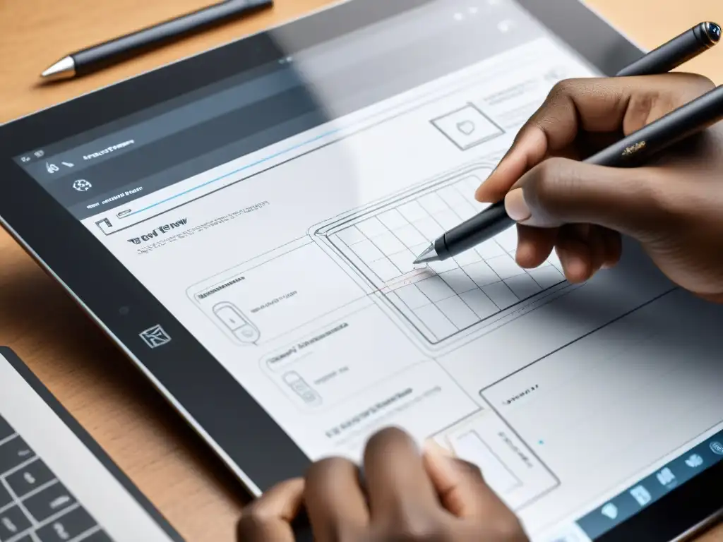 Mano de diseñador experto usando una tableta digital para esbozar un flujo de usuario