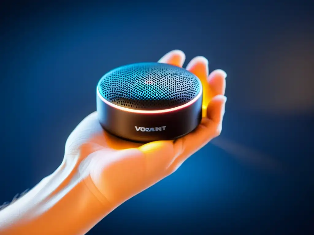 Mano sosteniendo un elegante asistente de voz de código abierto con diseño futurista, iluminado suavemente para resaltar sus detalles modernos