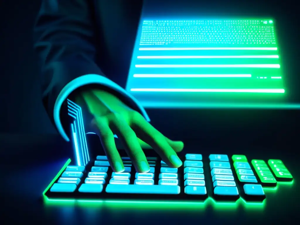 Mano de hacker tecleando en un teclado futurista con implantes tecnológicos, líneas de código y algoritmos de seguridad