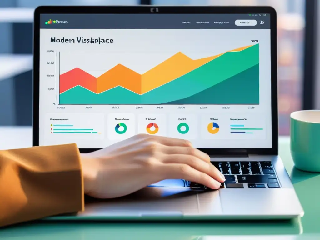 Una mano utiliza una herramienta de análisis moderna en un portátil, mostrando visualizaciones de datos dinámicos