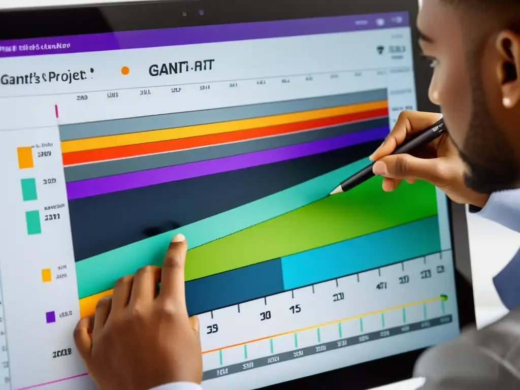 Una mano usa un lápiz óptico para manipular un detallado diagrama de Gantt en una pantalla táctil de alta resolución